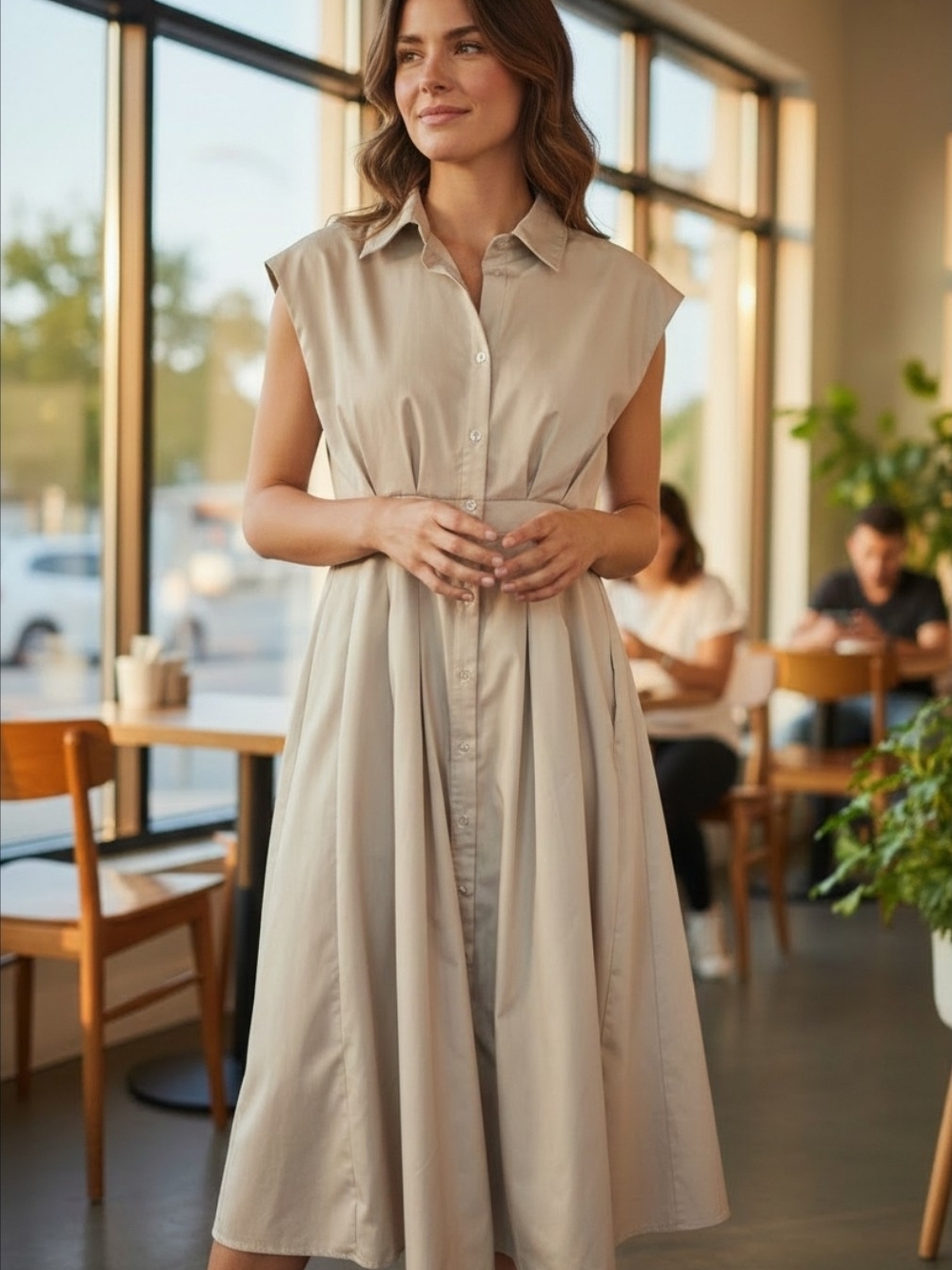 Entro Classic Quiet Luxury Beige Midi Shirt Dress. NWOT. Size Small.
